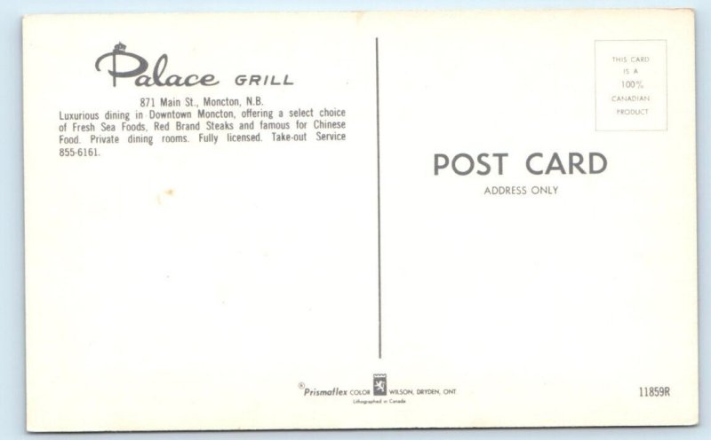 Palace Grill MONCTON restaurant interior New Brunswick CANADA Postcard