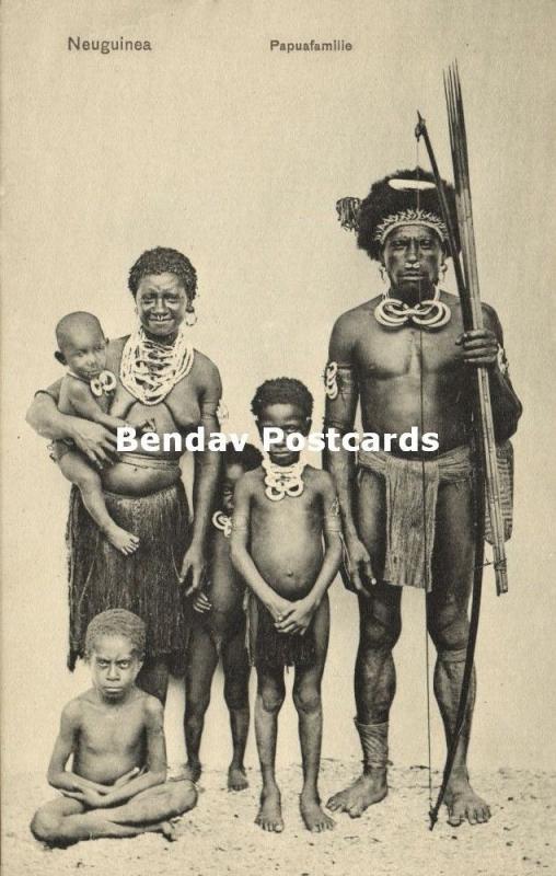 german new guinea, Armed Native Papua Male, Nude Wife, Children (1910s) Mission