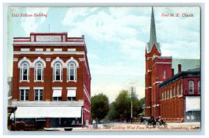 c1910s M.E. Church Odd Fellows Building, Washington St. Greensburg IN Postcard