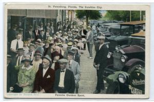 Crowd on Benches St Petersburg Florida 1920s postcard