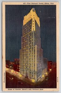 Akron Ohio First National Bank at Night Postcard E27
