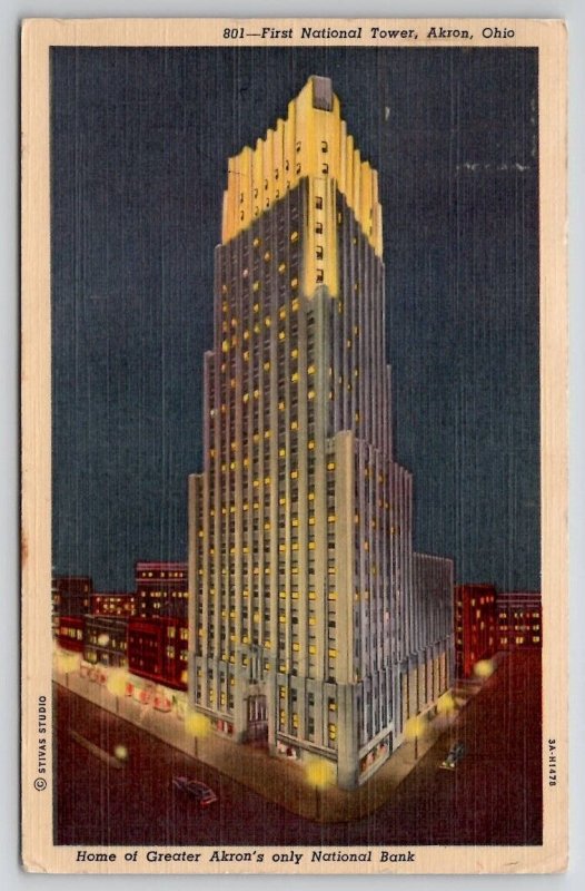 Akron Ohio First National Bank at Night Postcard E27