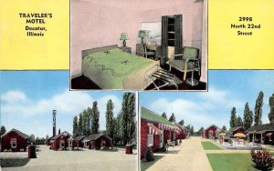 Decatur, Illinois TRAVELER'S MOTEL Roadside 1954 Springfield IL Vintage Postcard