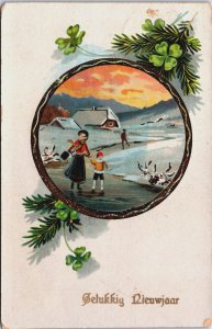 Happy New Year Children Ice Skating Vintage Postcard C193