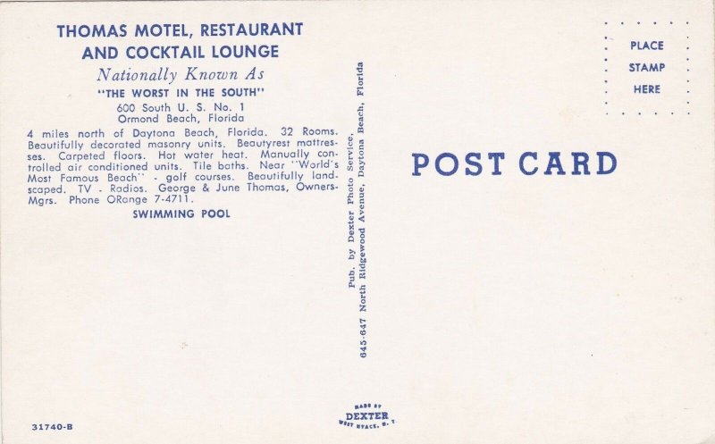 Florida Ormond Beach Thomas Motel Restaurant & Bar Worst In The South sk5914