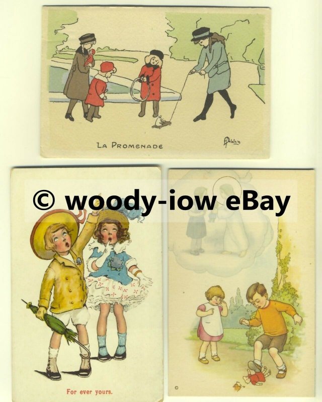 su1517 - Young Children , Artist Drawn - 3 postcards