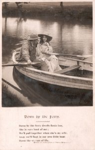 Vintage Postcard Lovers Couple Canoeing Lake Romance Down By The Ferry