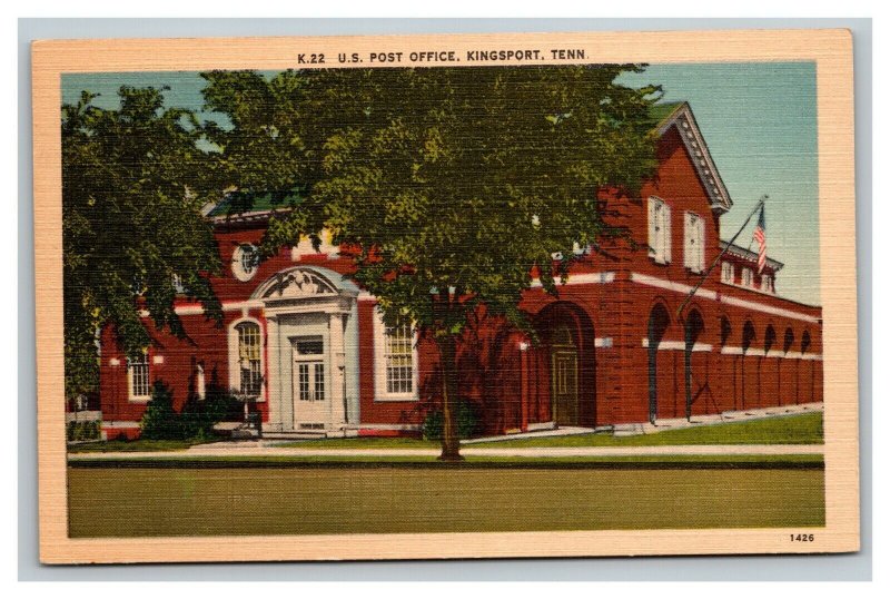 Vintage 1940's Postcard US Flag in Front of Post Office Kingsport Tennessee