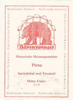 GERMANY PIRNA HEIMATGASTSTAETTE BAERENZWINGER VINTAGE LUGGAGE LABEL