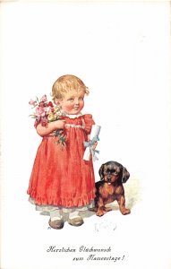 H32/ K. Feiertag Artist Signed Postcard c1910 Dog Puppy Cute Girl Flowers 16