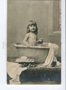 257754 NUDE Curly GIRL in BATH Vintage PHOTO MOLLER postcard