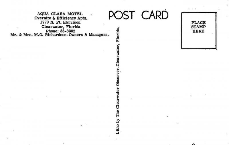 CLEARWATER, Florida FL   AQUA CLARA MOTEL~MO Richardson  Roadside   Postcard