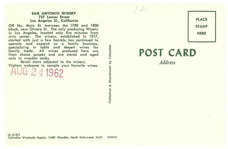 San Antonio Winery Los Angeles Wine Barrels Postcard 1962 Unposted