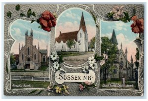 1909 Sussex New Brunswick Canada Multiview of Churches Antique Postcard