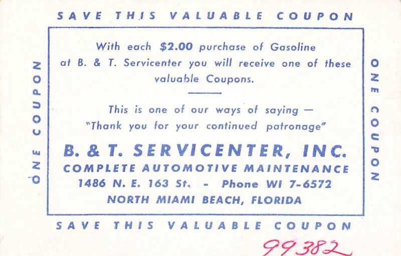 North Miami Beach FL B & T Sunoco Gas Station Coke 2.25 x 3.5 Business Card. 