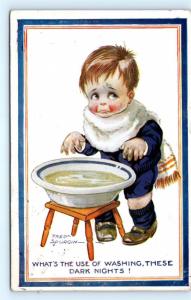 Postcard A/S Fred Spurgin Boy Washing Dirty Hands What's The Use 1918 J11