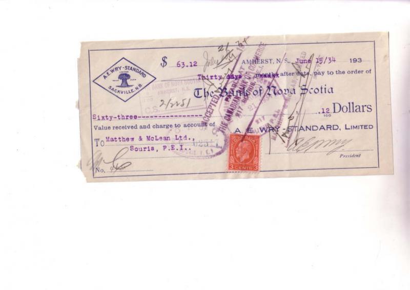 Custom Cheque from AE Wry Standard, Sackville New Brunswick, Canada