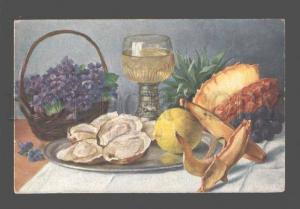 3079487 Still Life VIOLETS Fruits OYSTERS Style KLEIN vintage