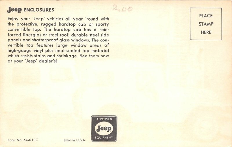 H71/ Advertising Postcard c60s-70s Jeep Enclosures CJ Dealer Hardtop 56
