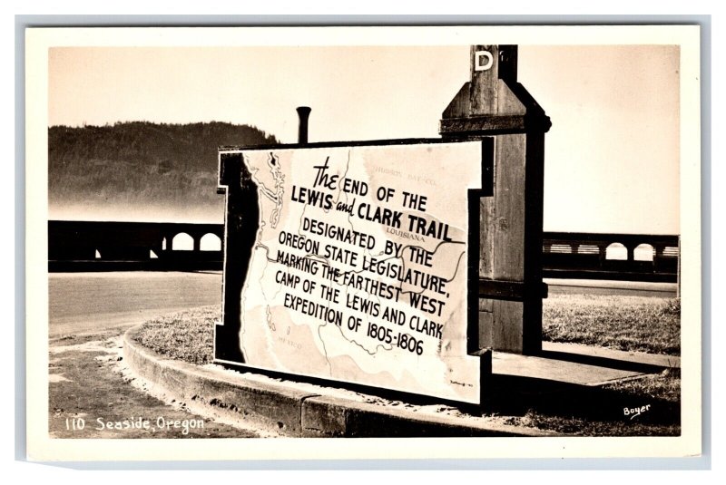 RPPC Marker Sign End of Lewis and Clark Trail Seaside Oregon OR UNP Postcard F21