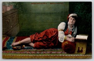 Constantinople Beauty Woman Traditional Costume on Carpet Postcard G28