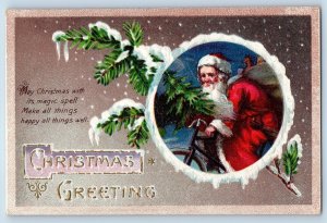 Christmas Postcard Greeting Santa Claus Bicycle Snow Winter Scene Clapsaddle