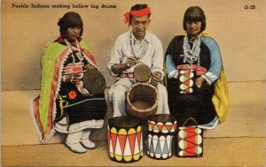 Pueblo Indians making Hollow Log Drums Indigenous c1943 Linen Postcard G75