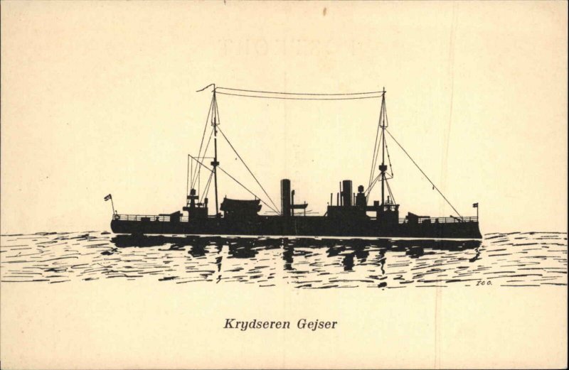 Denmark Art Deco Block Print Krydseren Gejser Danish Warship Vintage Postcard
