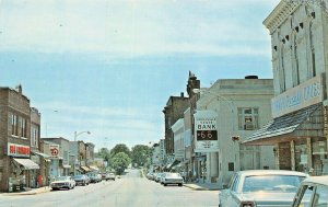 DODGEVILLE WISCONSIN~MAIN STREET-PHARMACY-RED OWL-BANK SIGNS-CARS-1960s POSTCARD