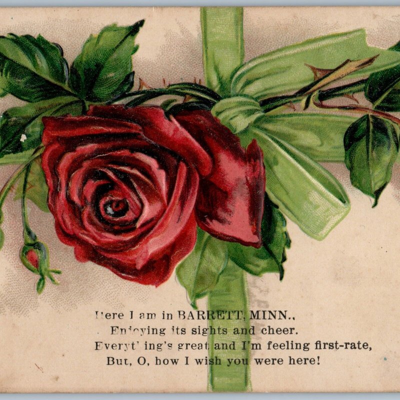 c1900s Barrett, MN Greetings Poem Custom Town Embossed Rose Germany PC Minn A194