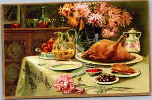 Postcard Thanksgiving Tuck 123 Cooked Turkey on Table Gilt Border Embossed