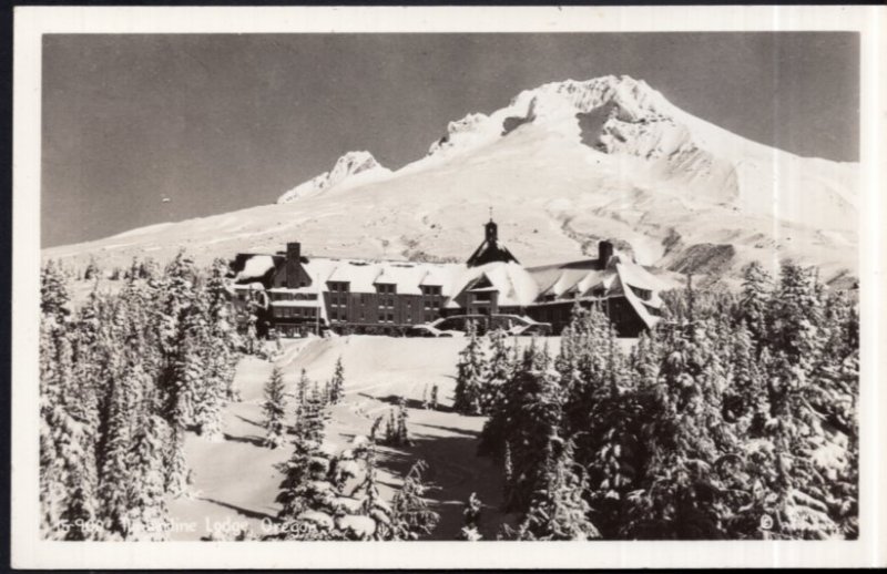 Oregon Timberline Lodge with Mount Hood in background - RPPC by EKC1939-1950