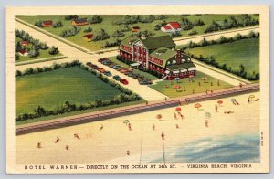 Virginia Beach~Hotel Warner Birds Eye View~Bathing Beach~Linen 1951 Postcard