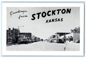 c1954 Greetings From Street Road Classic Cars Exterior Stockton Kansas Postcard