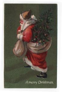 Vintage Christmas Greetings Post Card, Santa With Toys and Tree