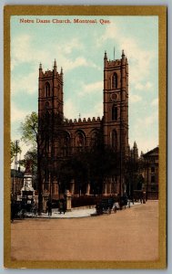 Postcard Montreal Quebec c1910s Notre Dame Church Gold Border Horse Carriages