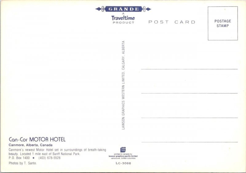 Canmore, Alberta Canada  CAN-COR MOTOR HOTEL  Bar~Dining  4X6 ROADSIDE Postcard
