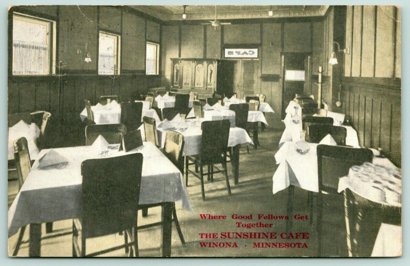 Winona Minnesota~the Sunshine Cafe Interior~Menu on Table~Coat Racks~1913 PC 