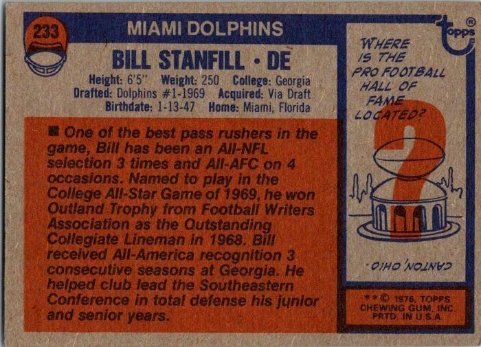 1976 Topps Football Card Bill Stanfill Miami Dolphins sk4490