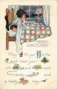 Circa 1907-15 Santa's Sleigh Moon in Window Children Bed Christmas Poem Postcard 