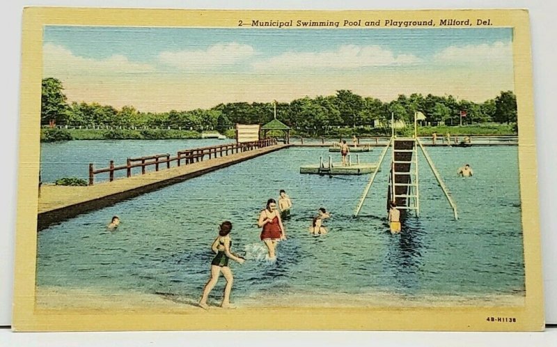 Milford Delaware Municipal Swimming Pool and Playground Linen Postcard I9