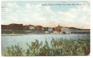 Postcard Business Section River from South Side Warren PA 1919