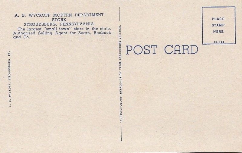 Postcard AB Wyckoff Modern Department Store Stroudsburg PA