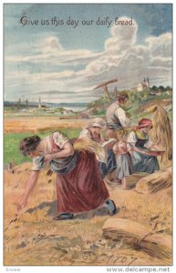 Give us this day our daily bread, Men, women and child harvesting field, PU...