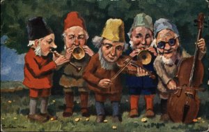 Fantasy Elves Gnomes Play Musical Instruments Paul Lothat Muller Postcard