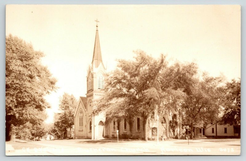 Horicon WI St Stephen's German Lutheran Church~Steeple RPPC Sepia 1940s Postcard 