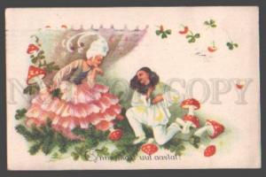 097765 Carnival Girl w/ PIERROT Mushrooms ART DECO Vintage PC