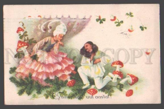 097765 Carnival Girl w/ PIERROT Mushrooms ART DECO Vintage PC