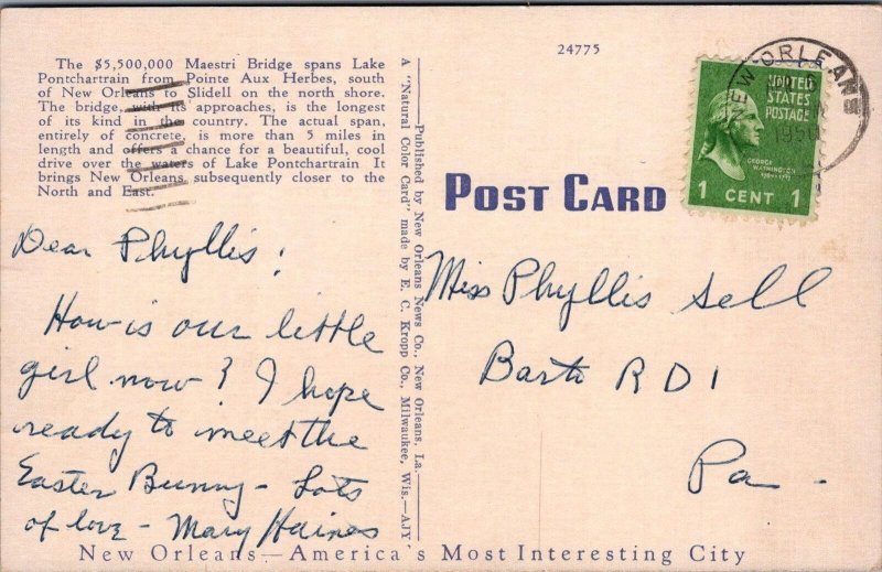 Postcard Maestri Bridge New Orleans LA 1950