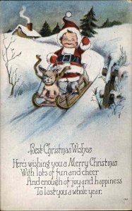 Christmas Little Boy in Santa Suit with Puppy Dog on Sled c1910 Vintage Postcard